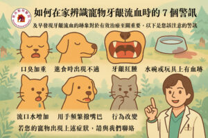 牙齦流血警訊 口臭加重 進食時出現不適 牙齦紅腫 水碗或玩具上有血跡 流口水增生 用手頻繁撥嘴巴 行為改變